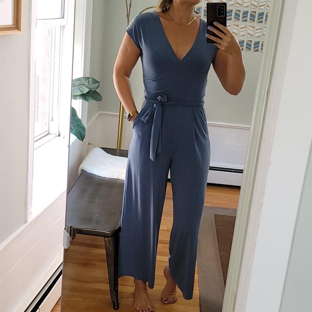 Stretchy blue grey wide leg jumpsuit